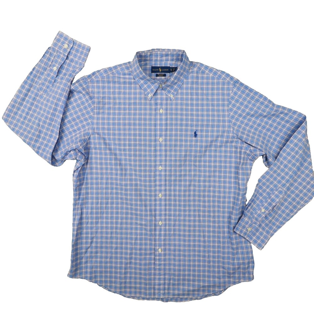 Ralph Lauren Cotton Stretch Button Up Shirt Men's XL Blue Plaid Preppy